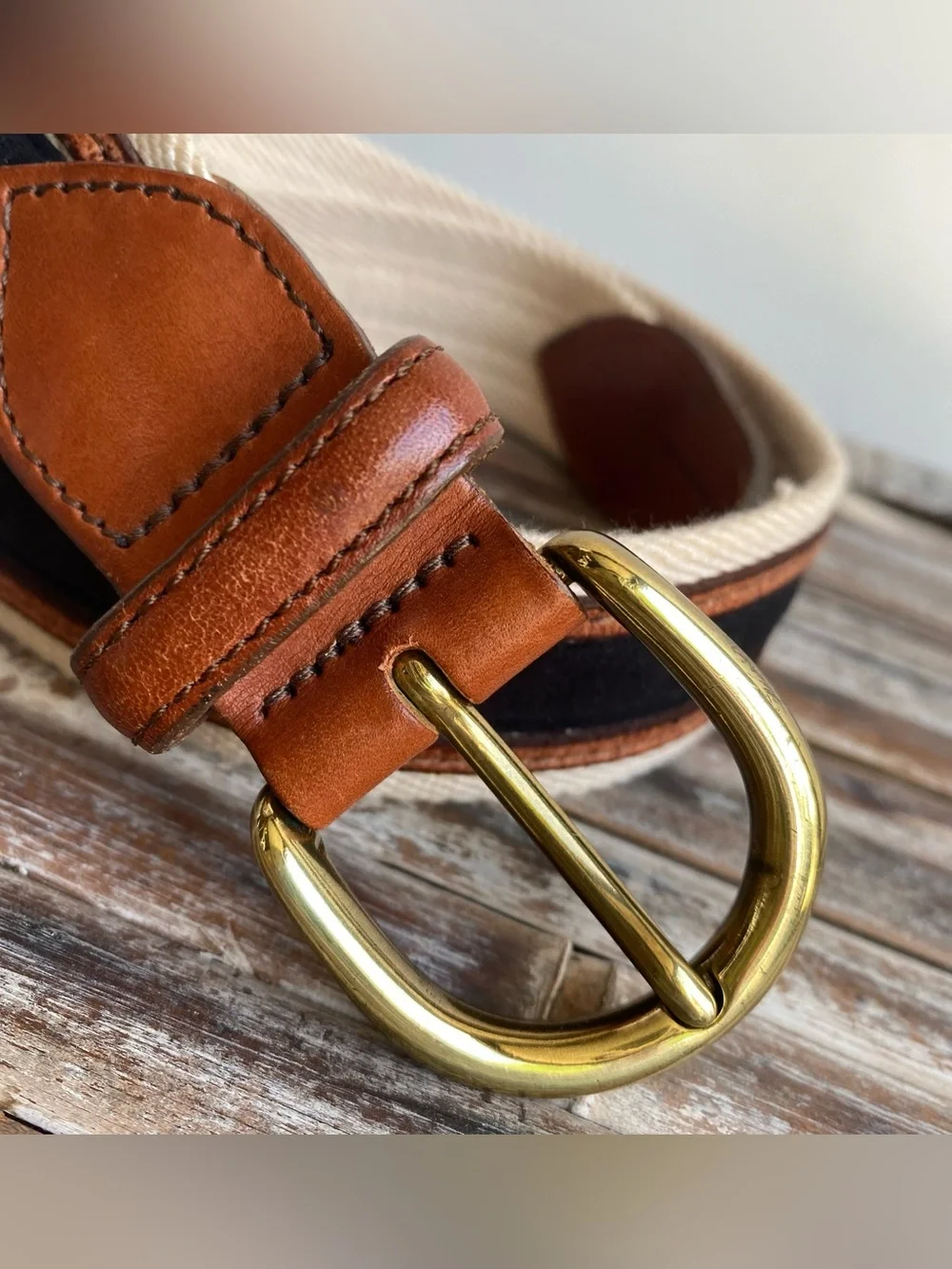 Bogner vintage canvas striped leather buckle belt preppy 80s casual coastal S